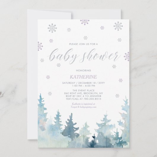 Silver Lila Snowflake Winterwalddusche Einladung (Vorderseite)