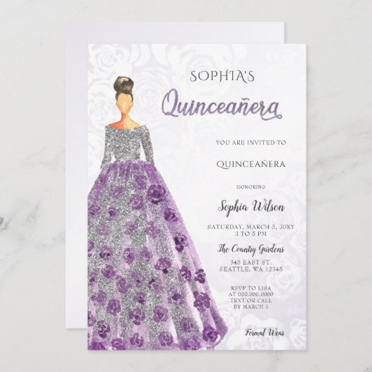 Silver Lila Sparkle Dress Quinceanera Einladung (Vorne/Hinten)