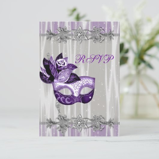 Silver Lila Sparkle Lila Masquerade Party UAWG RSVP Karte (Stehend Vorderseite)