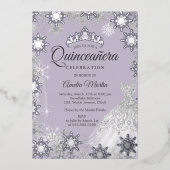 Silver Lila Winter Snowflake Quinceanera Folieneinladung (Vorderseite)
