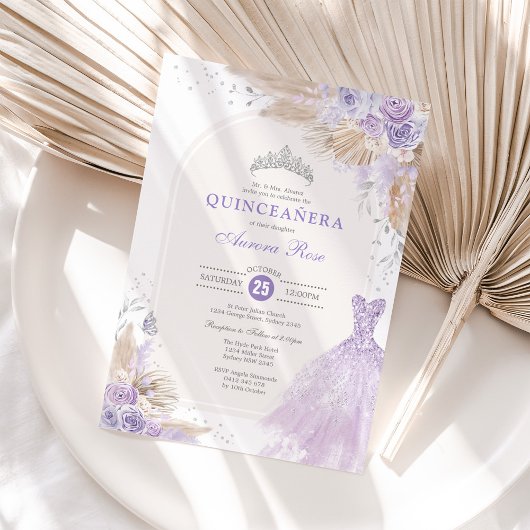 Silver Lilac Boho Floral Quinceañera 15. Geburtsta Einladung