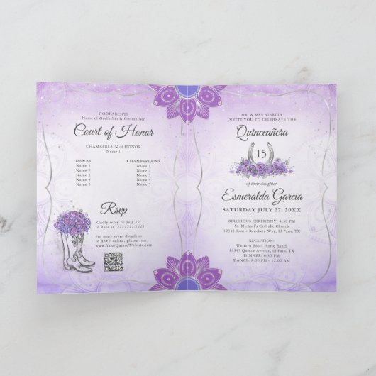 Silver Lilac Lavender Charro Quinceanera geklappt Einladung (Innenseite)