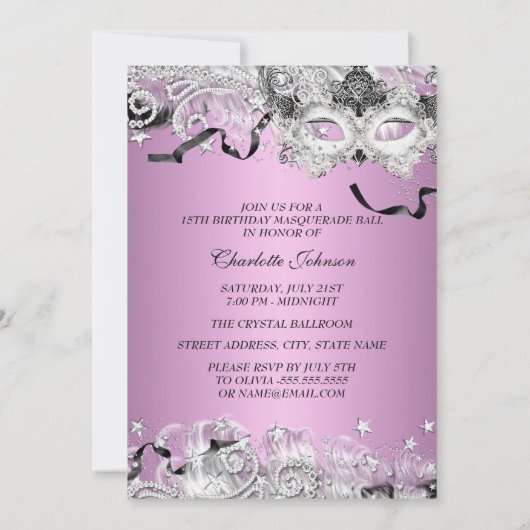 Silver Lilac Sparkle Masquerade Quinceanera Einladung (Rückseite)