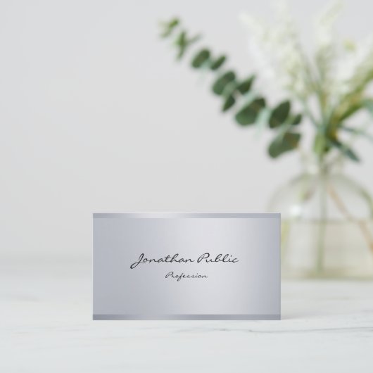 Silver Look Elegante Kalligrafie Script Modern Visitenkarte (Stehend Vorderseite)