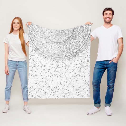Silver Lotus Mandala mit Silberstern auf Weiß Fleecedecke (Beispiel)
