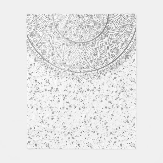 Silver Lotus Mandala mit Silberstern auf Weiß Fleecedecke (Vorderseite)