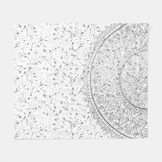 Silver Lotus Mandala mit Silberstern auf Weiß Fleecedecke (Vorderseite (Horizontal))