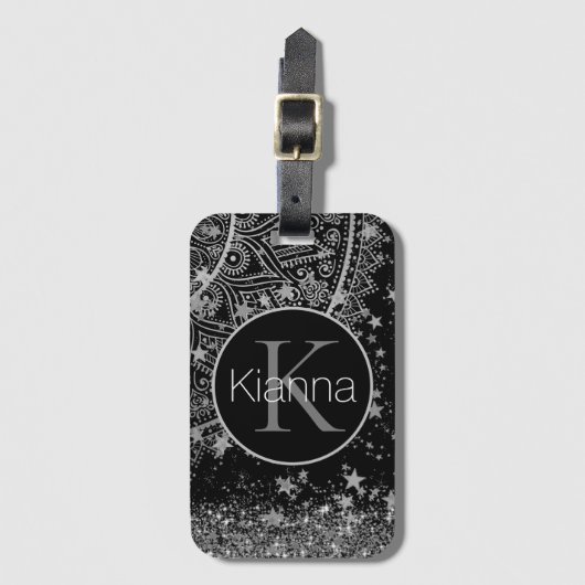 Silver Lotus Mandala mit Silver Stars Monogram Gepäckanhänger (Vorderseite Vertikal)