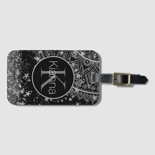 Silver Lotus Mandala mit Silver Stars Monogram Gepäckanhänger (Vorderseite (Horizontal))