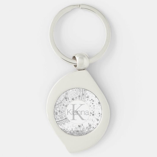 Silver Lotus Mandala Stars Glitzer Monogram Schlüsselanhänger (Vorderseite)