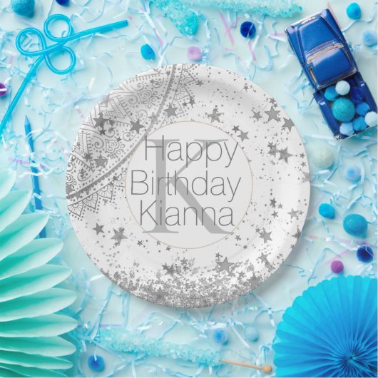 Silver Lotus Mandala Stars Monogram Birthday Pappteller (Party)