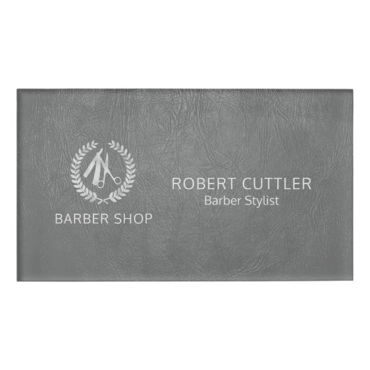 Silver Luxus Barbier Shop dunkelgraues Leder Look Namenschild (Vorderseite)