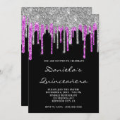 Silver Magenta Glitzer Tropfens Black Quinceañera Einladung (Vorne/Hinten)