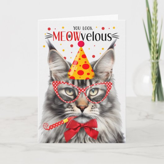 Silver Maine Coon Tabby Cat MEOWvelous Birthday Karte (Vorderseite)