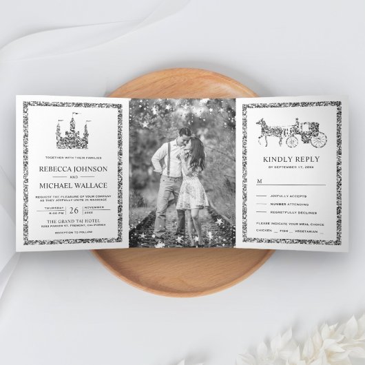 Silver Mairytale Castle Princess Hochzeit Dreifach Gefaltete Einladung