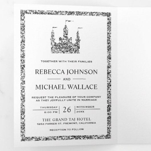 Silver Mairytale Castle Princess Hochzeit Dreifach Gefaltete Einladung (Innen Erste Seite)