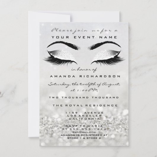 Silver Makeup White Glitzer 16. Brautparty Einladung (Vorderseite)