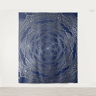 Silver Mandala Boho Chic Elegant Navy Blue Elegant Wandteppich
