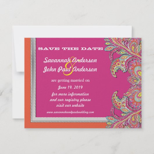 Silver Mandarine & Fuchsia Wedding Save the Date Einladung (Vorderseite)