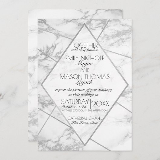 Silver Marble Art Deco Geometrisches Schieferhochz Einladung (Vorne/Hinten)