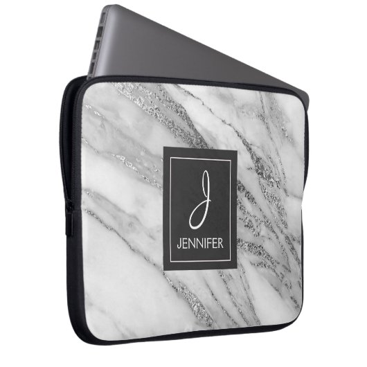 Silver Marble Elegant Monogram Laptopschutzhülle (Vorne Rechts)