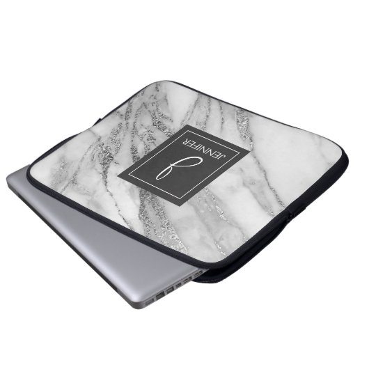 Silver Marble Elegant Monogram Laptopschutzhülle (Vorne Knopf)