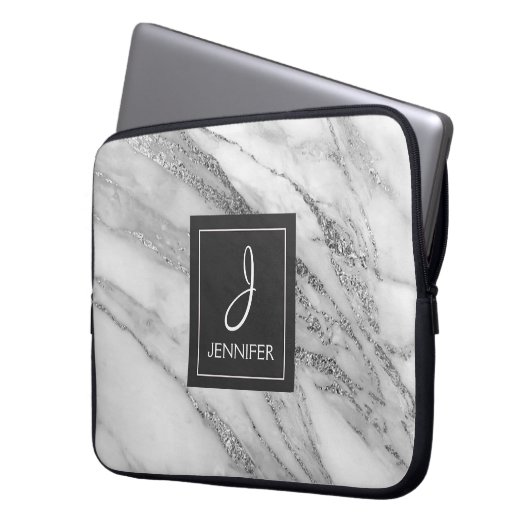 Silver Marble Elegant Monogram Laptopschutzhülle (Vorderseite Links)