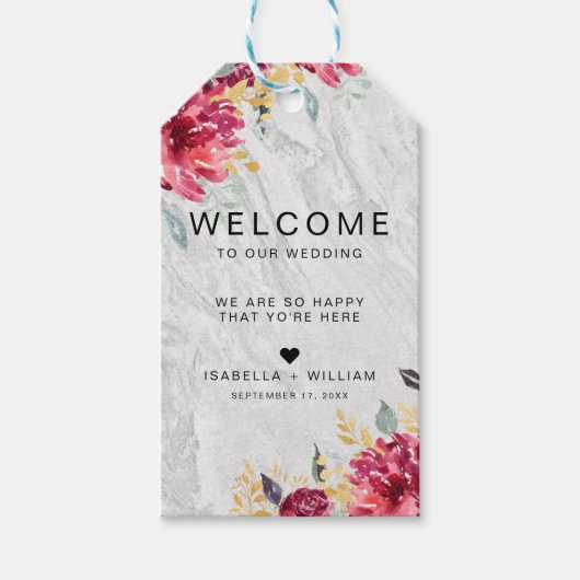 Silver Marble Floral Gold Burgundy Wedding Geschenkanhänger (Vorderseite)