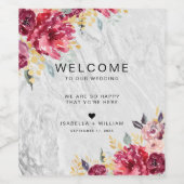 Silver Marble Floral Gold Burgundy Wedding Weinetikett (Einzelnes Label)