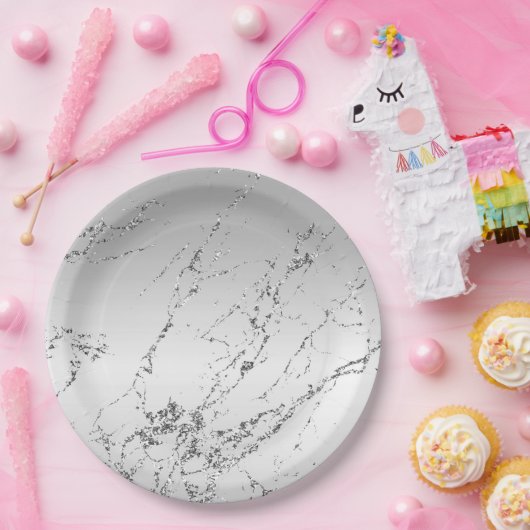 Silver Marble Glam Glitzer Pappteller (Party)