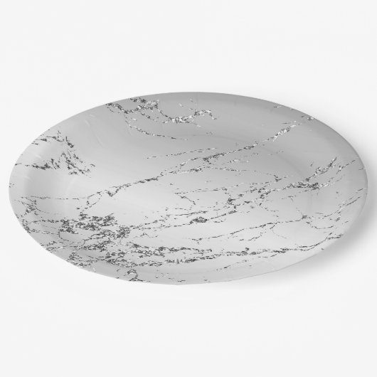 Silver Marble Glam Glitzer Pappteller (Schrägansicht)