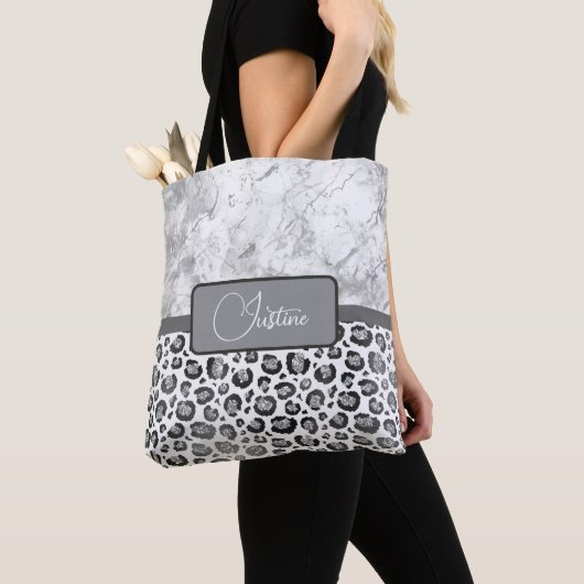 Silver Marble Glittery Silve Leopard Personalisier Tasche (Von Nahem)