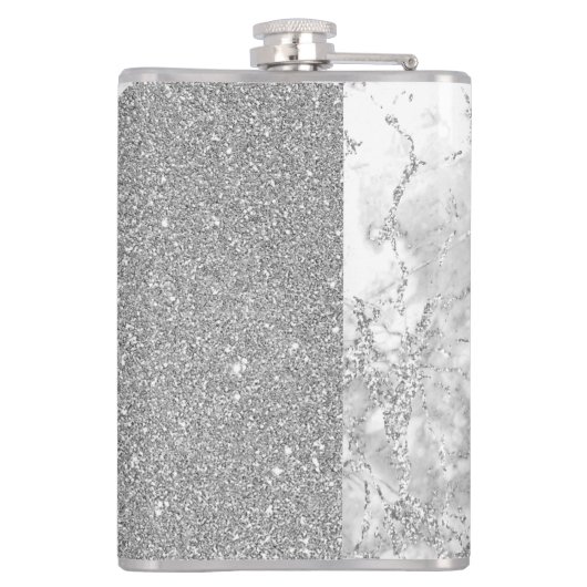 Silver Marble Silver Glitzer Elegantes Monogramm Flachmann (Rückseite)