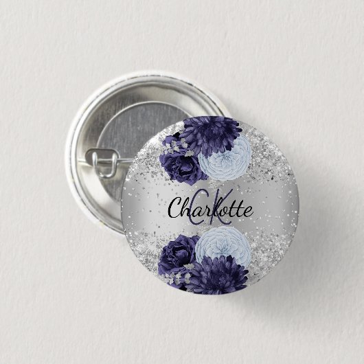 Silver Marine Blues Blumen elegante Namensschild Button (Vorne & Hinten)