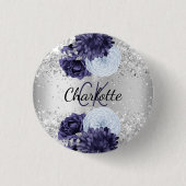 Silver Marine Blues Blumen elegante Namensschild Button (Vorderseite)