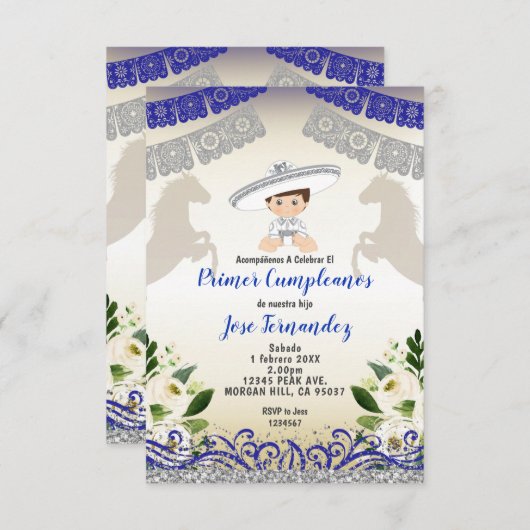 Silver Marine PRIMER CUMPLEANOS Uno Fiesta Geburts Einladung (Vorne/Hinten)