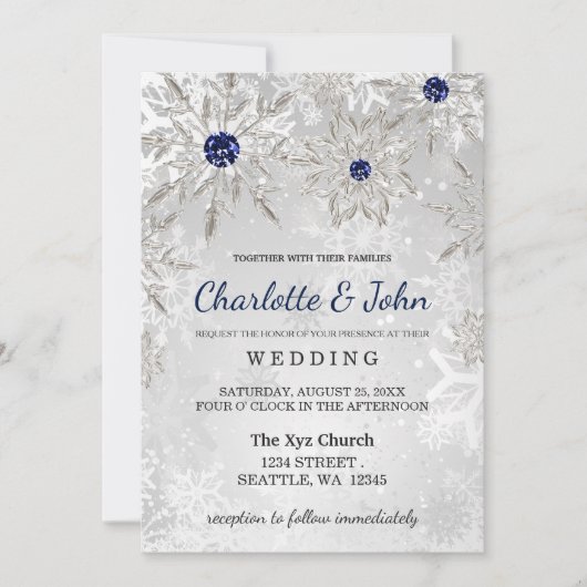 Silver Marine Schneeflocken Winterhochzeit Einladu Einladung (Vorderseite)