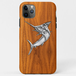 Silver Marlin auf Teak Holz Grain Dekoration iPhone 11 Pro Max Hülle
