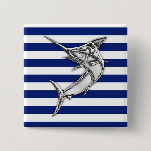 Silver Marlin Schwertfisch auf Marine Strips Button (Vorderseite)