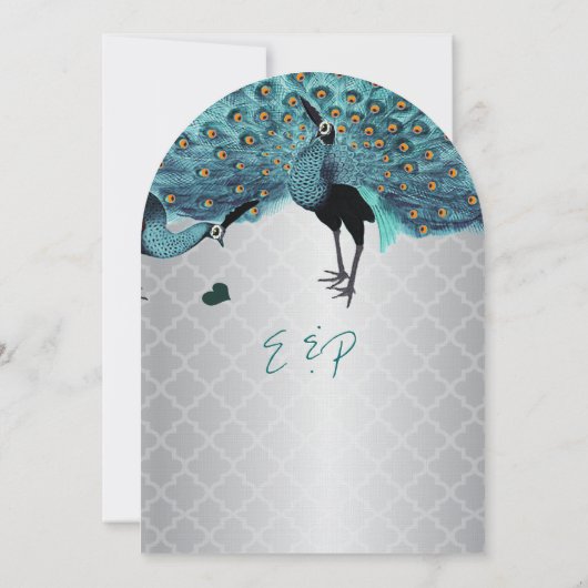 Silver marokkanische Tile Aqua & Coral Peacock Wed Einladung (Rückseite)