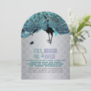 Silver marokkanische Tile Aqua & Coral Peacock Wed Einladung