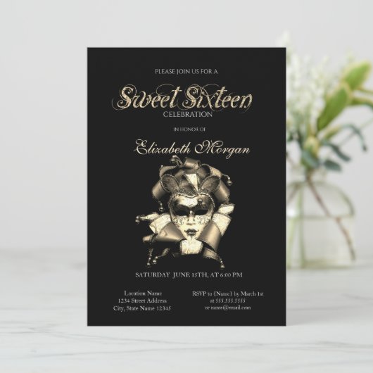 Silver Masque Black Sweet 16 Einladung (Stehend Vorderseite)
