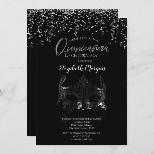 Silver Masque, Confetti Masquerade Quinceañera Einladung (Vorne/Hinten)