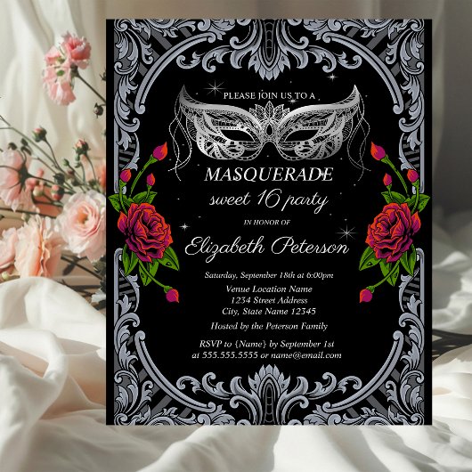 Silver Masque Rote Rosen Gothic Sweet 16 Einladungspostkarte