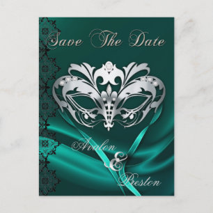 Silver Masquerade Aquamarin Jewel Save the Date Ankündigungspostkarte