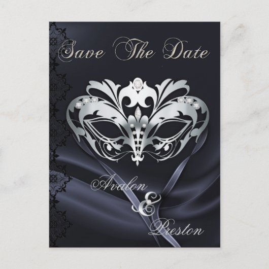 Silver Masquerade Black Jewel Save the Date Ankündigungspostkarte (Vorderseite)