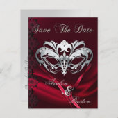 Silver Masquerade Red Jewel Save the Date Postcard Ankündigungspostkarte (Vorne/Hinten)