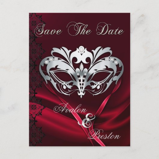 Silver Masquerade Red Jewel Save the Date Postcard Ankündigungspostkarte (Vorderseite)