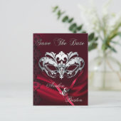Silver Masquerade Red Jewel Save the Date Postcard Ankündigungspostkarte (Stehend Vorderseite)