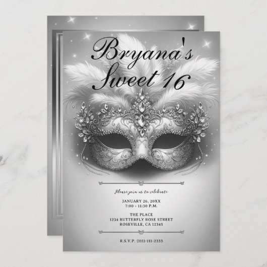 Silver Masquerade Sweet 16 Foto Geburtstag Einladung (Vorne/Hinten)